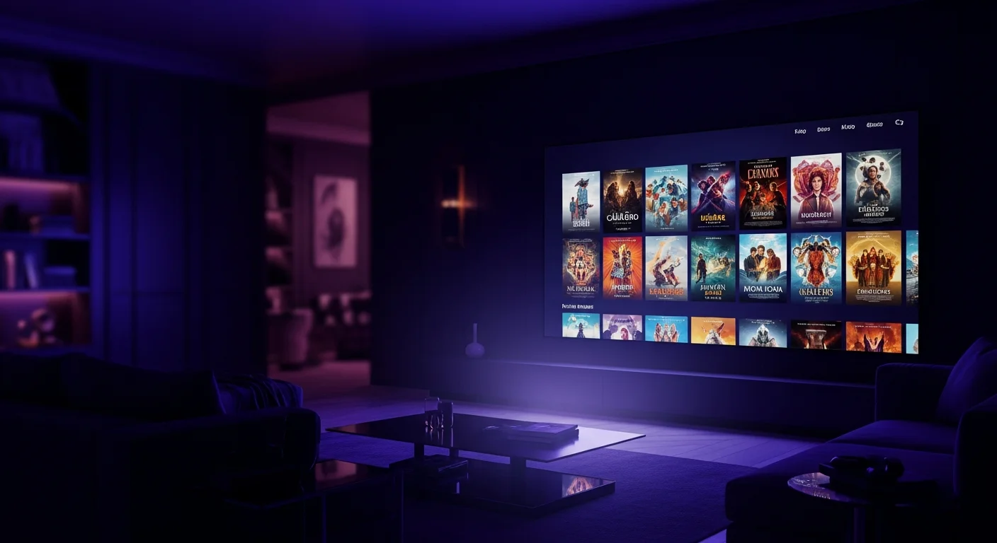 Salon moderne avec télévision 4K affichant des contenus IPTV Smarters Pro en streaming